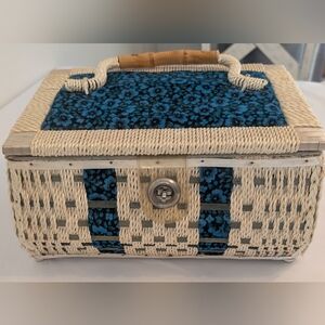 VTG JC Penney Wicker Sewing Basket Box Padded Blue HIPPIE MOD FABRIC w/ Trays